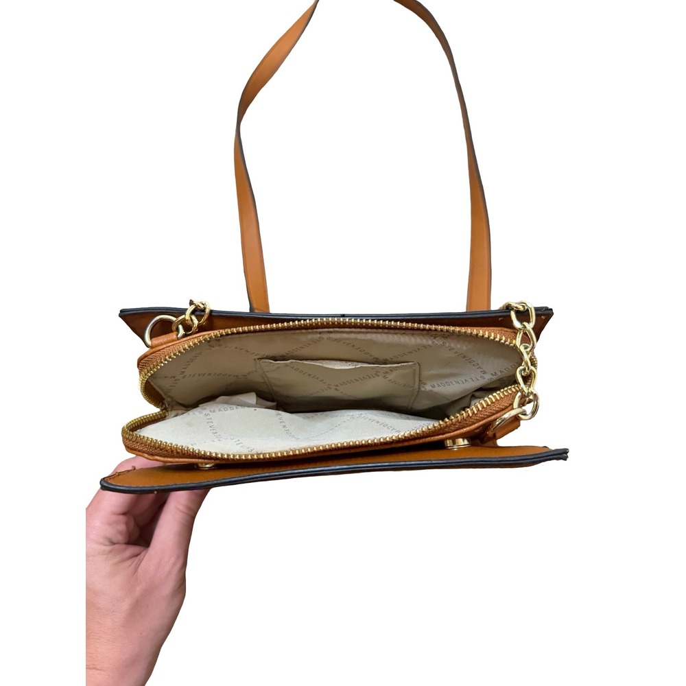 Steve Madden Crossbody Bag Brown Straw Woven Faux Leather Gold Chain Strap - Picture 3 of 6